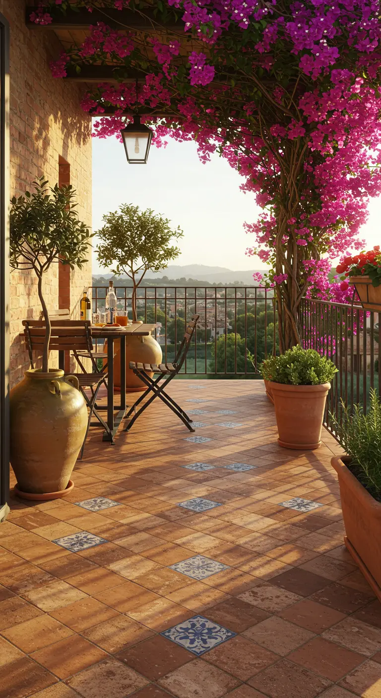 Toscaans balkon met terracotta tegels en blauwe accenttegels, omgeven door bloeiende bougainvillea.