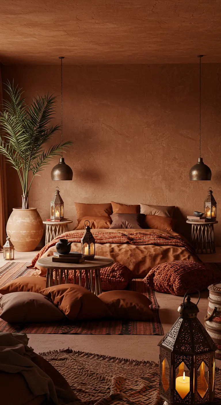 Slaapkamer met terracotta muren, een laag bed en veel vloerkussens en lantaarns.