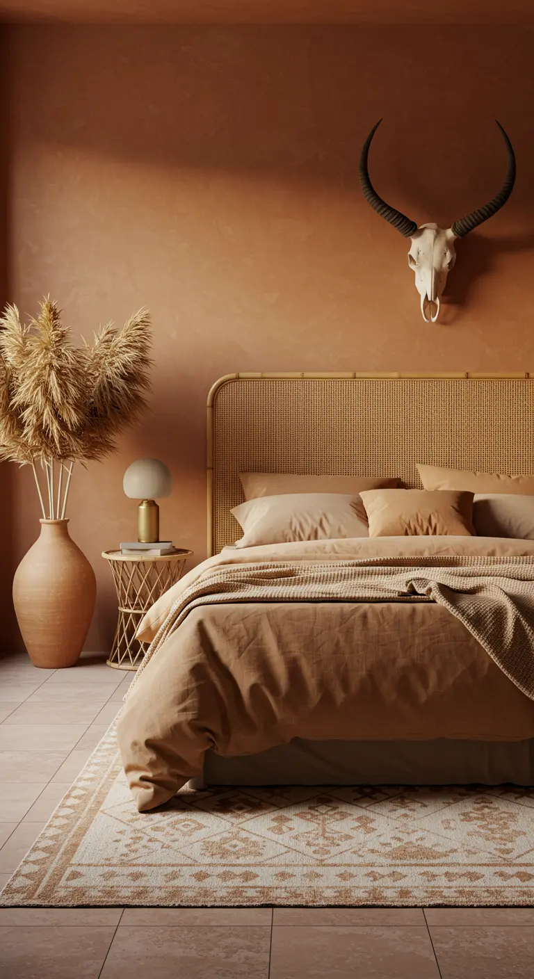 Slaapkamer met terracotta muren, een rotan bed en een grote vaas met pampasgras.