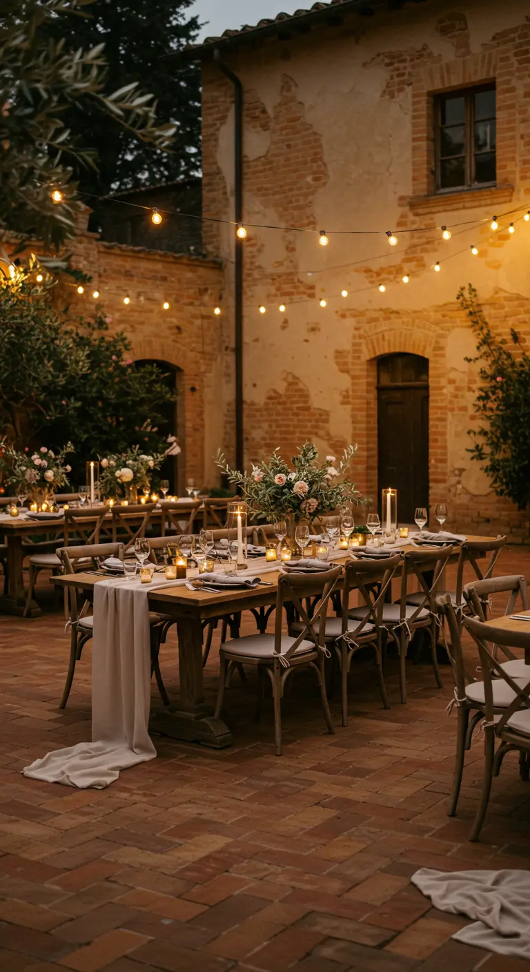 Dineropstelling op een Italiaanse binnenplaats met lange houten tafels, lichtslingers en kaarslicht.
