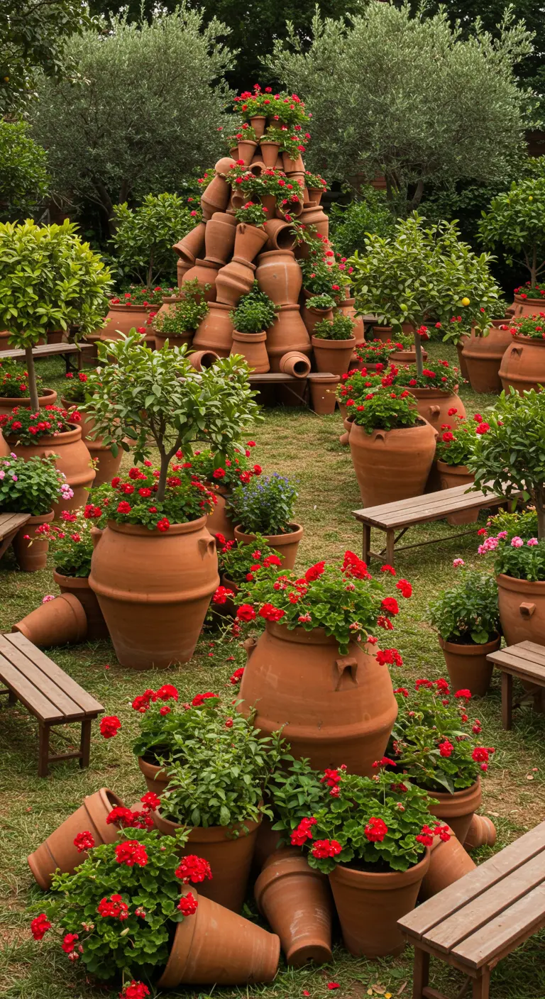 Grote stapel terracotta potten van verschillende groottes met rode geraniums.