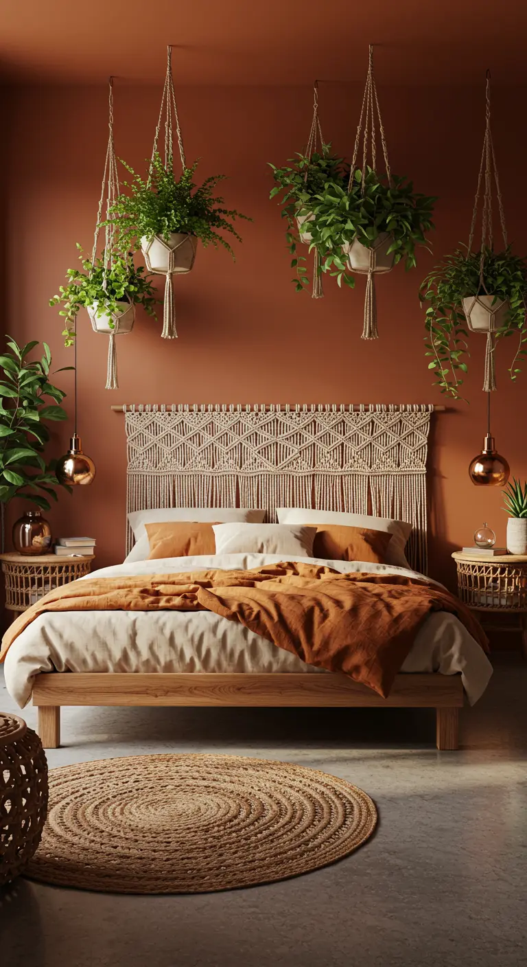 Terracotta slaapkamer met een macramé hoofdeind, hangplanten en een jute vloerkleed.