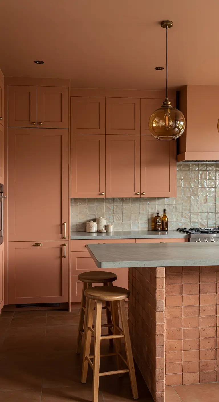 Terracotta keuken met plafondhoge kasten, getextureerde achterwand en amberkleurige hanglamp.