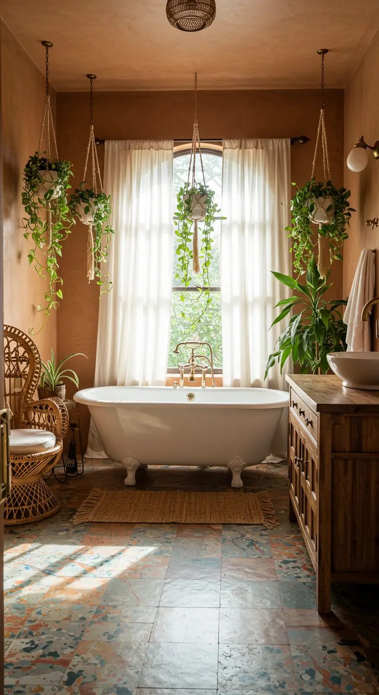 Badkamer met terracotta muren, vrijstaand bad en hangplanten.