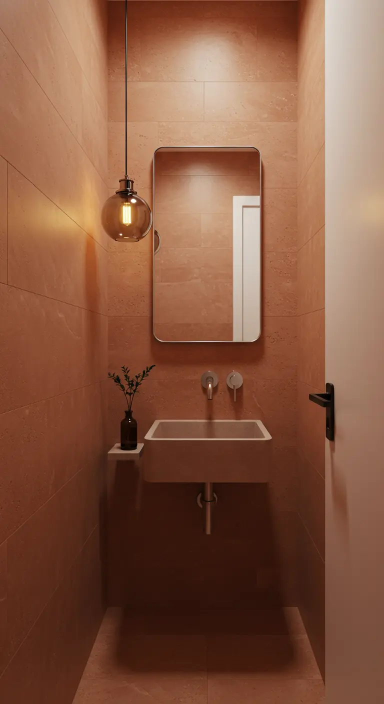 Compacte toiletruimte met muren van terracotta-kleurig betonciré en een hanglamp.