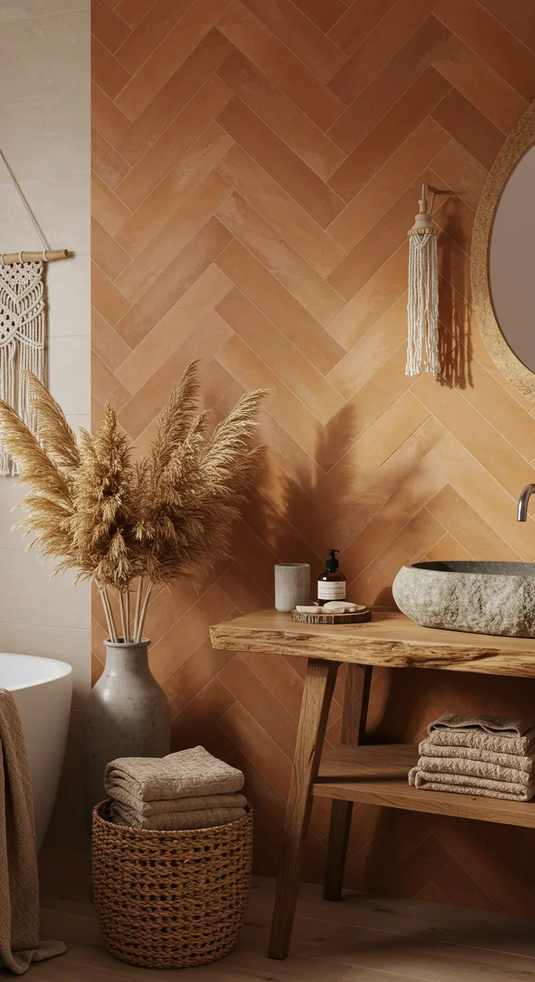 Bohemian badkamer met terracotta visgraattegels en natuurlijke decoratie.