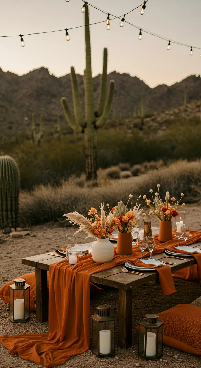 Lage houten tafels met terracotta lopers, droogbloemen en lantaarns in een woestijnlandschap.
