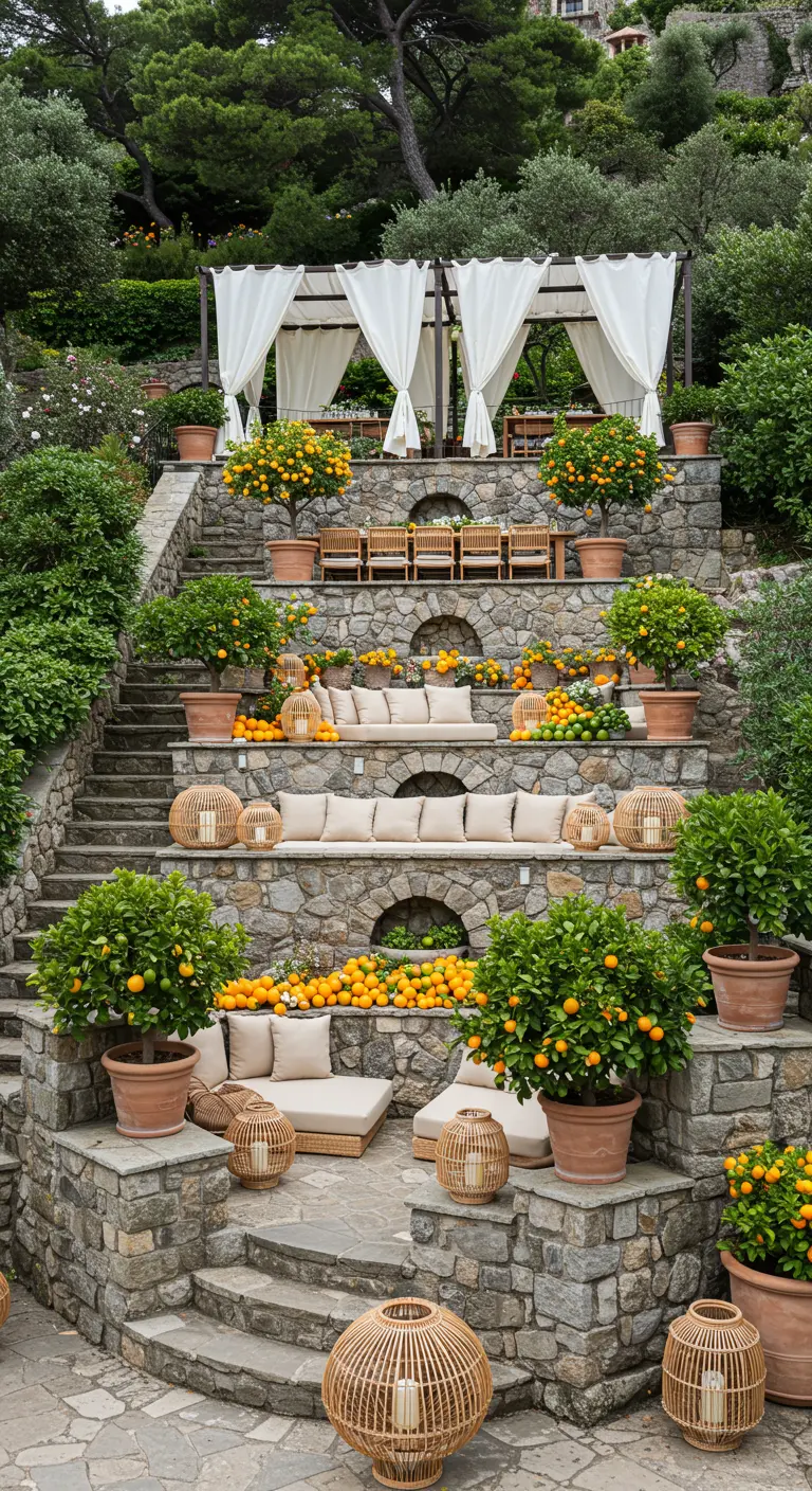 Grote tuin met meerdere terrassen van natuursteen, vol met loungeplekken en citrusbomen.