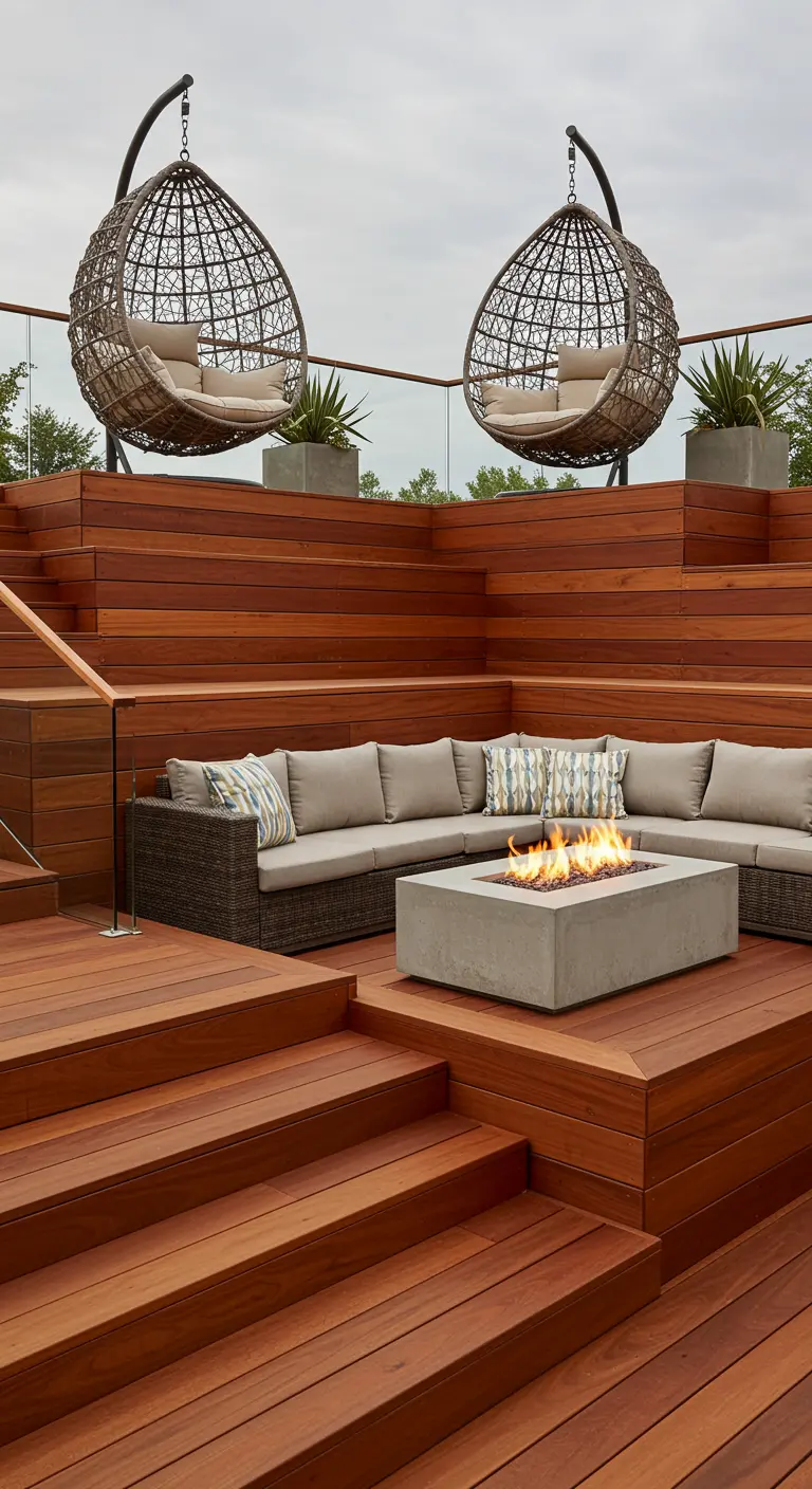 Terras met houten treden, een lager gelegen loungehoek en twee hangstoelen op een hoger niveau.