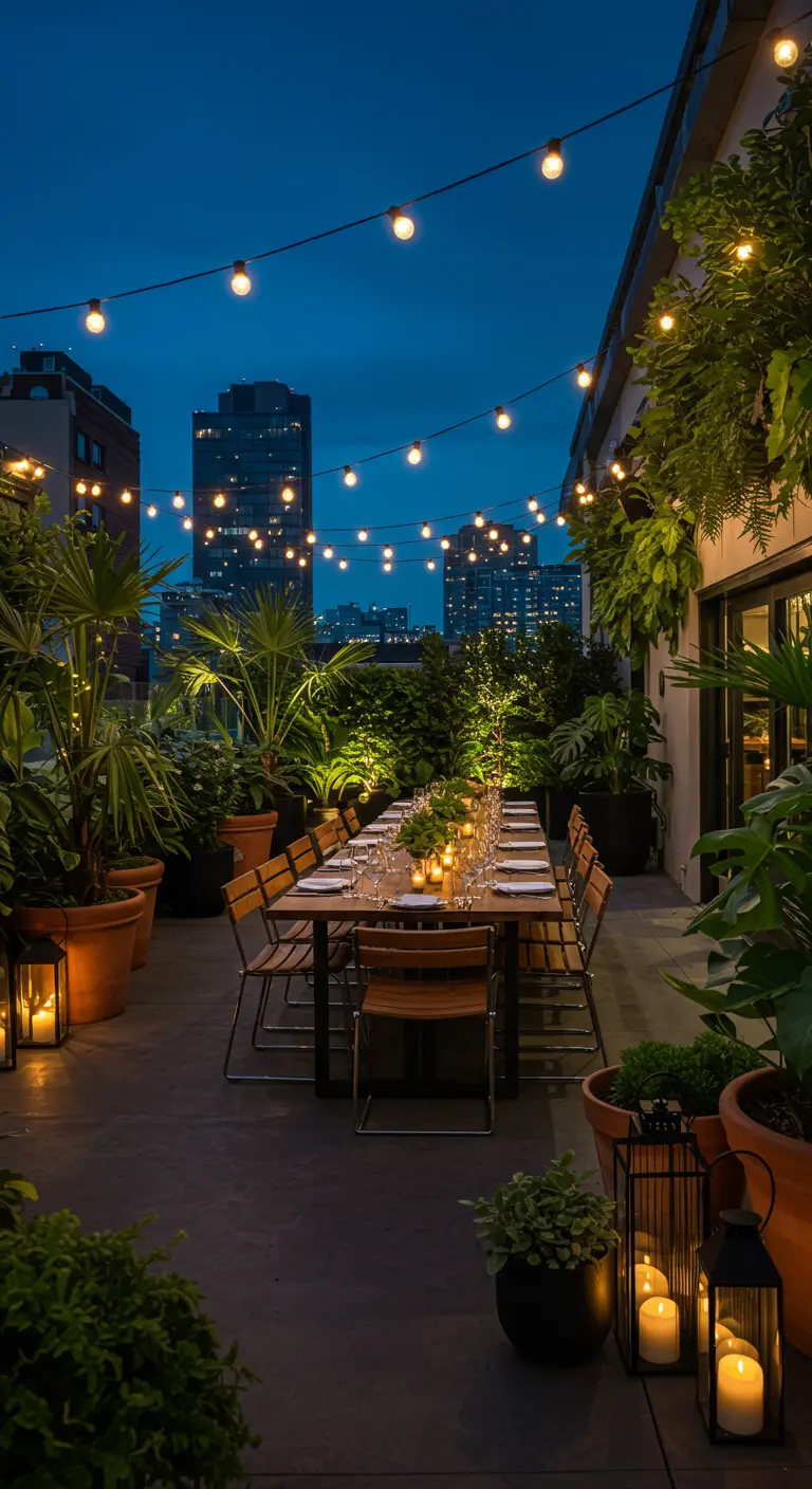Urban jungle dakterras met lange eettafel, string lights, potplanten en lantaarns.