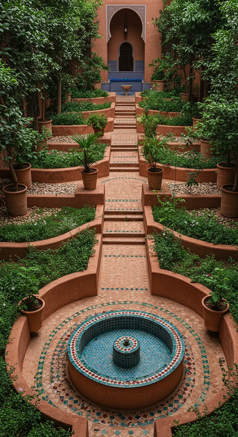 Trapsgewijze tuin met terracotta terrassen, mozaïekpaden, veel groen en een fontein.