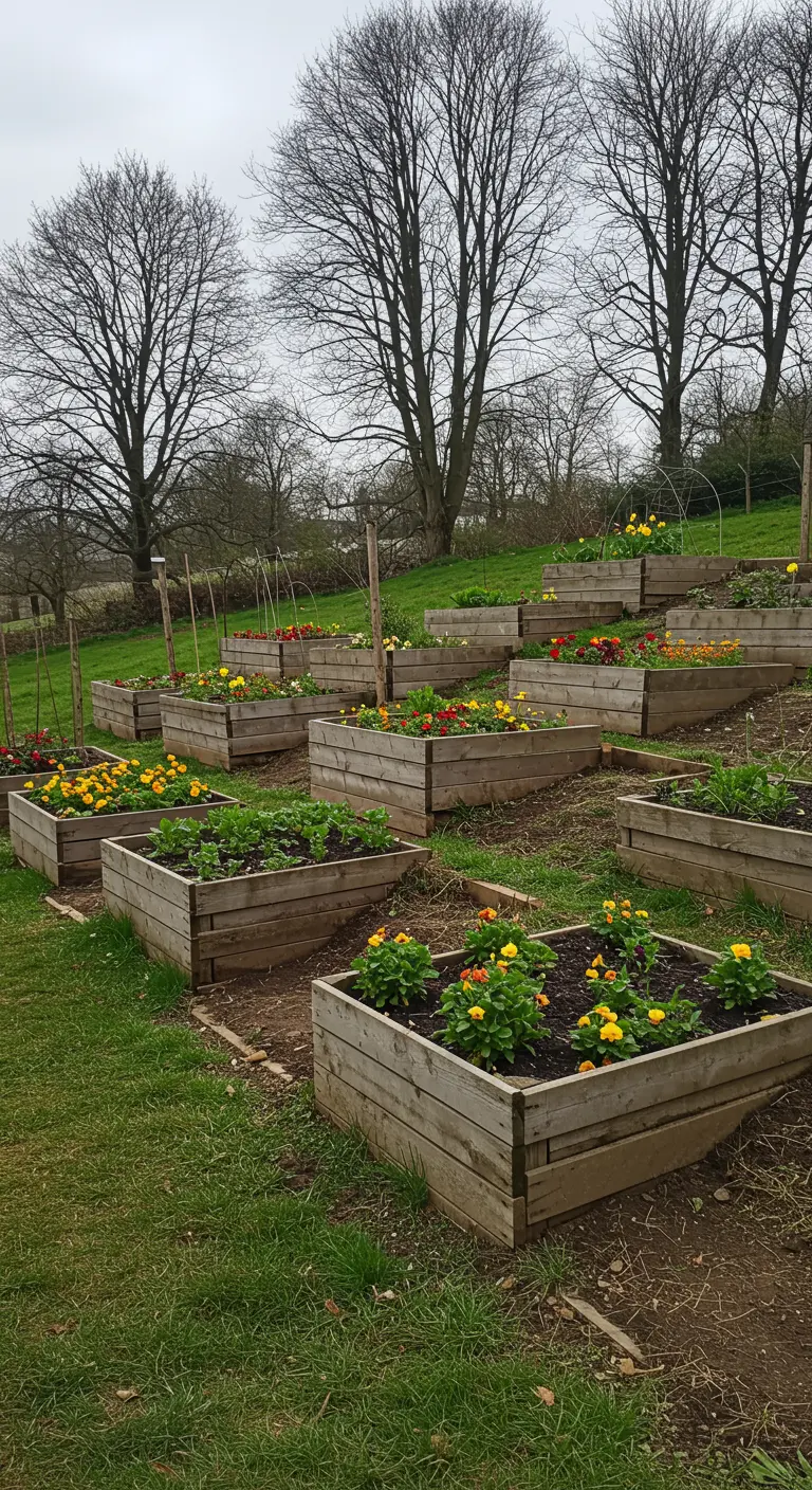 Houten kisten als verhoogde bloembedden op een grashelling in een grote tuin.