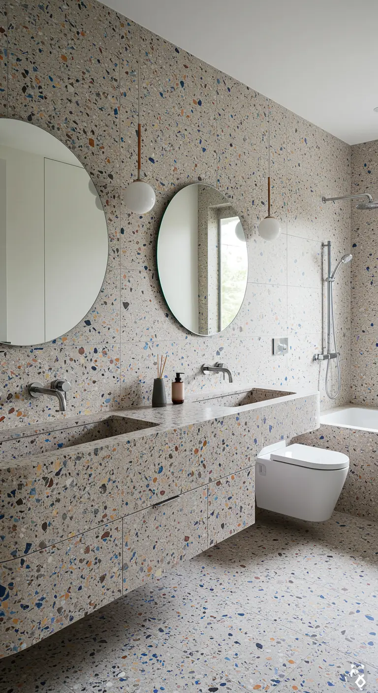 Moderne badkamer volledig bekleed met terrazzo, met twee ronde spiegels en zwevend toilet.