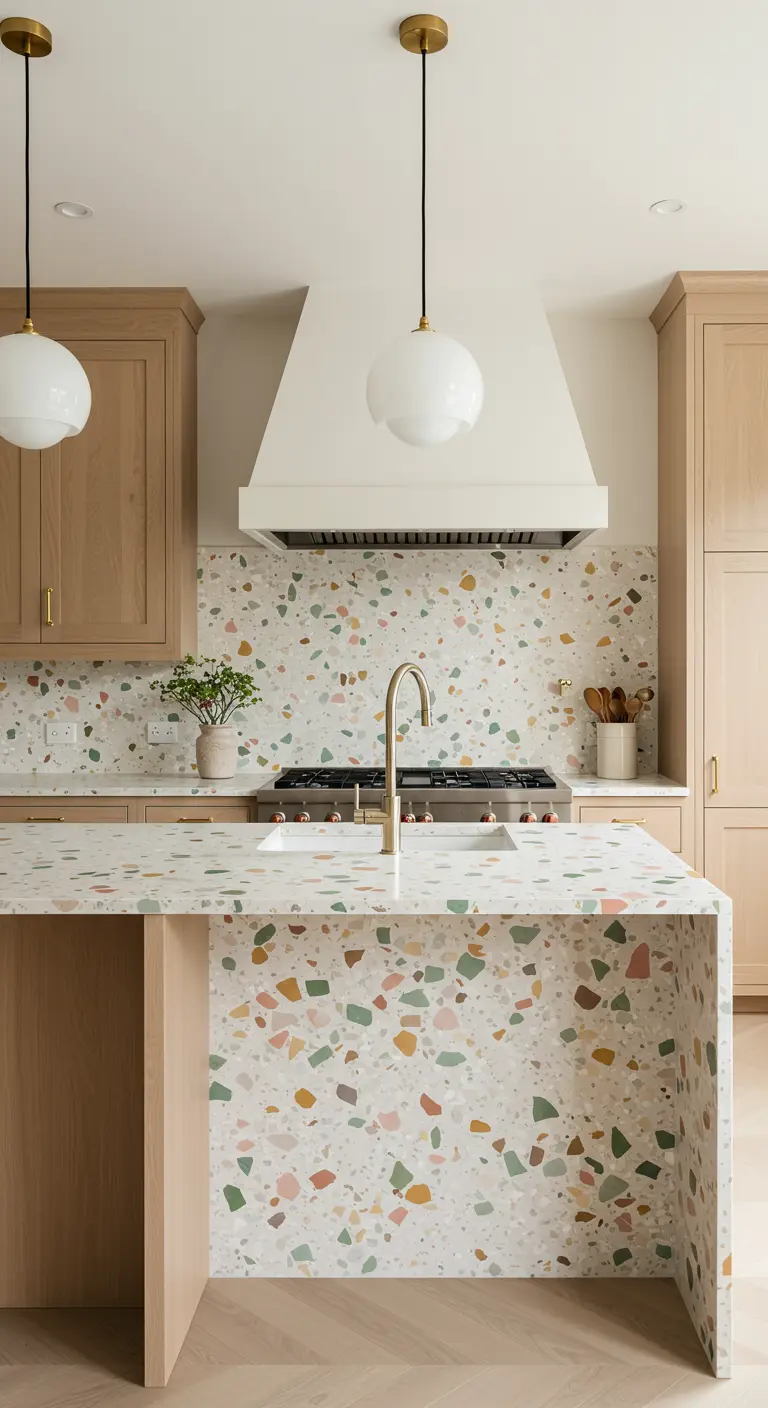 Keuken met licht houten kasten en een terrazzo-eiland en achterwand met pastelkleurige spikkels.