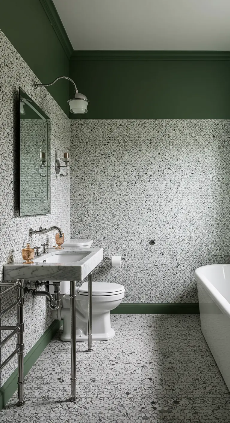 Badkamer met terrazzo-stijl mozaïek op vloer en wanden, met een donkergroen plafond.