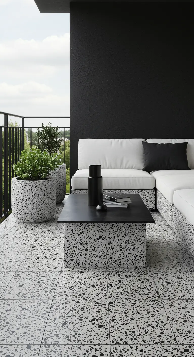 Balkon met terrazzo vloertegels, salontafel en plantenbakken, met een witte bank.