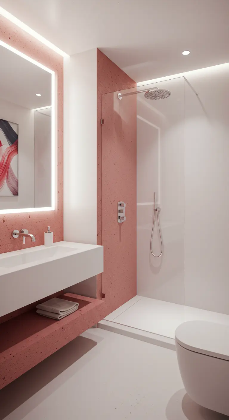 Moderne badkamer met roze terrazzo op de muur en als wastafel, met een inloopdouche.