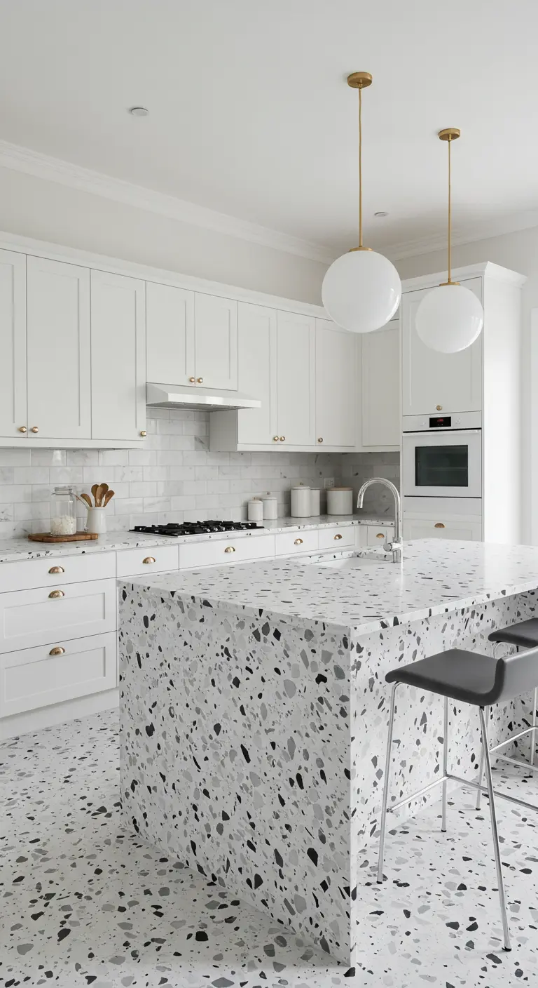 Witte keuken met een opvallende vloer en kookeiland van zwart-wit terrazzo.