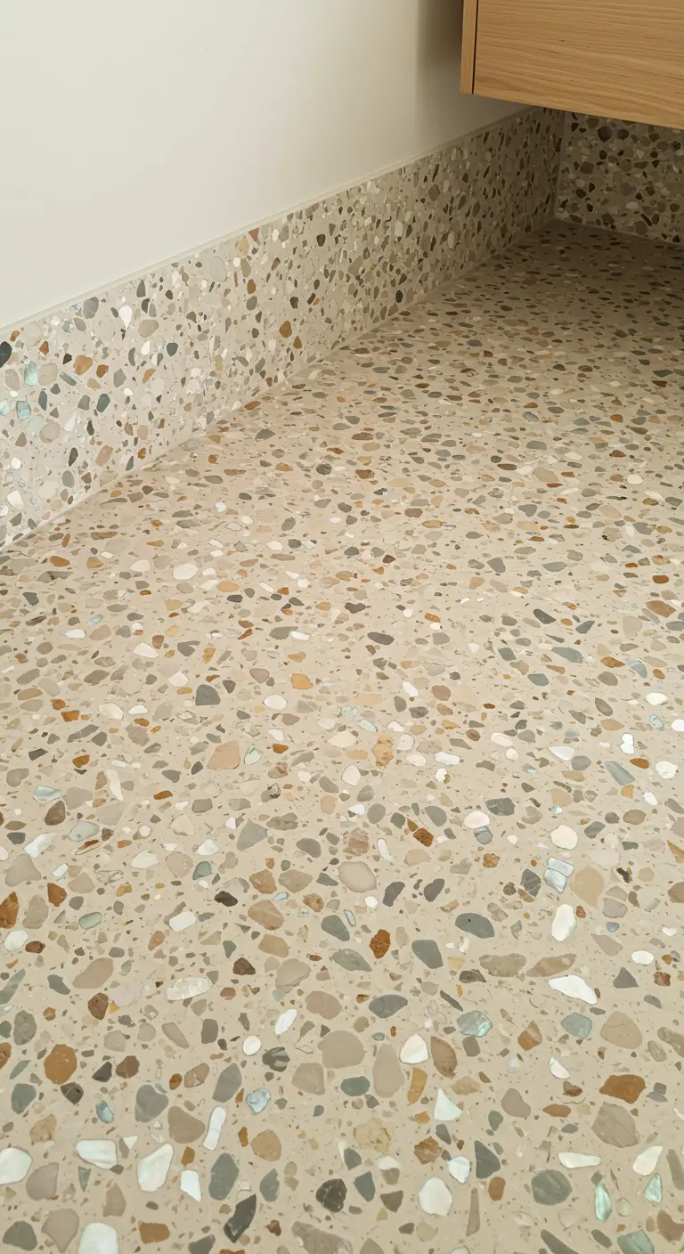 Close-up van een terrazzo vloer met steentjes in zand-, wit- en grijstinten.