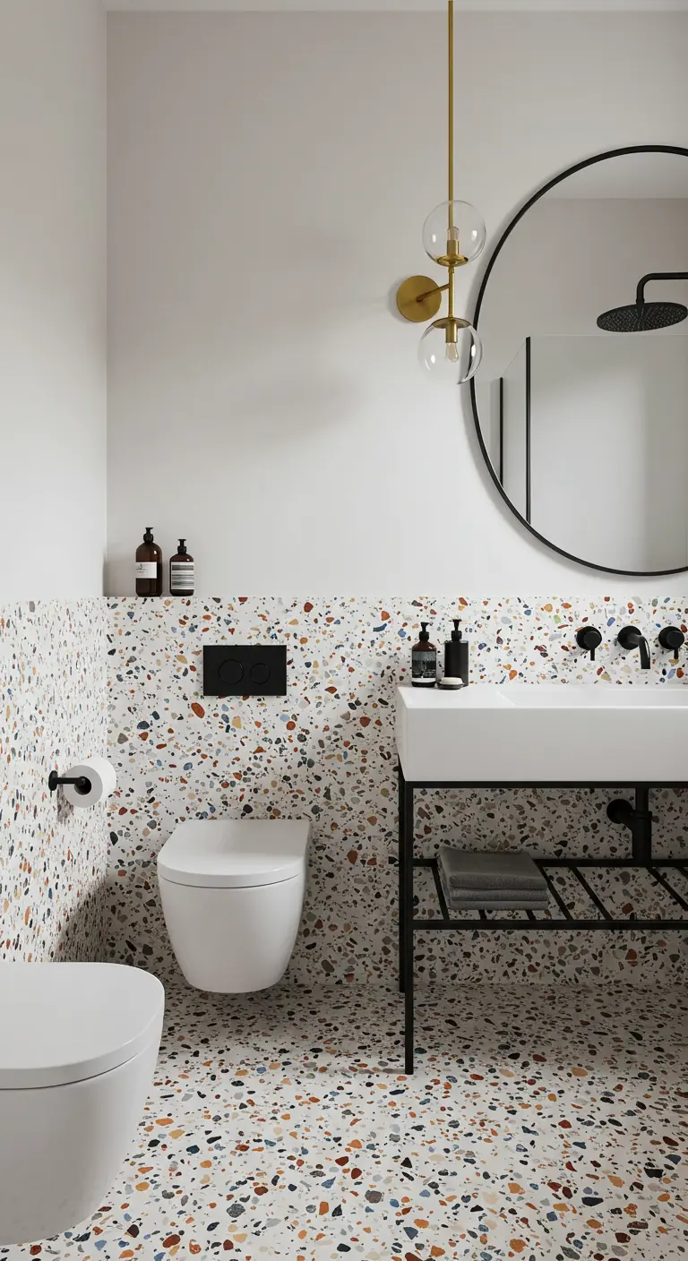 Badkamer met terrazzo vloer en wand, met zwarte kranen en een messing hanglamp.