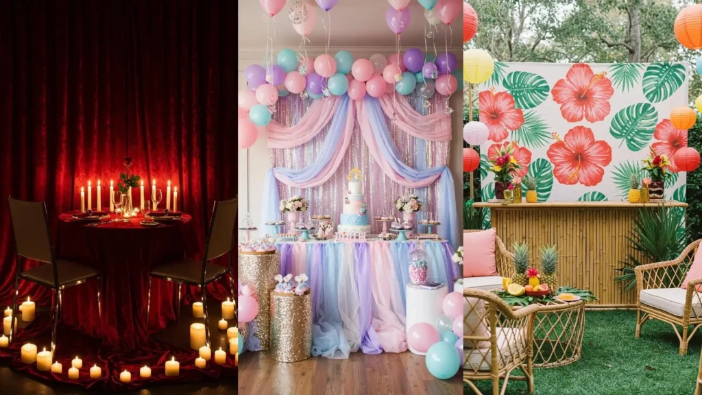 Diverse creatieve textiel-backdrops: romantisch rood, pastel feest, en tropisch met bloemen. Perfecte muurdecoratie ideeën.