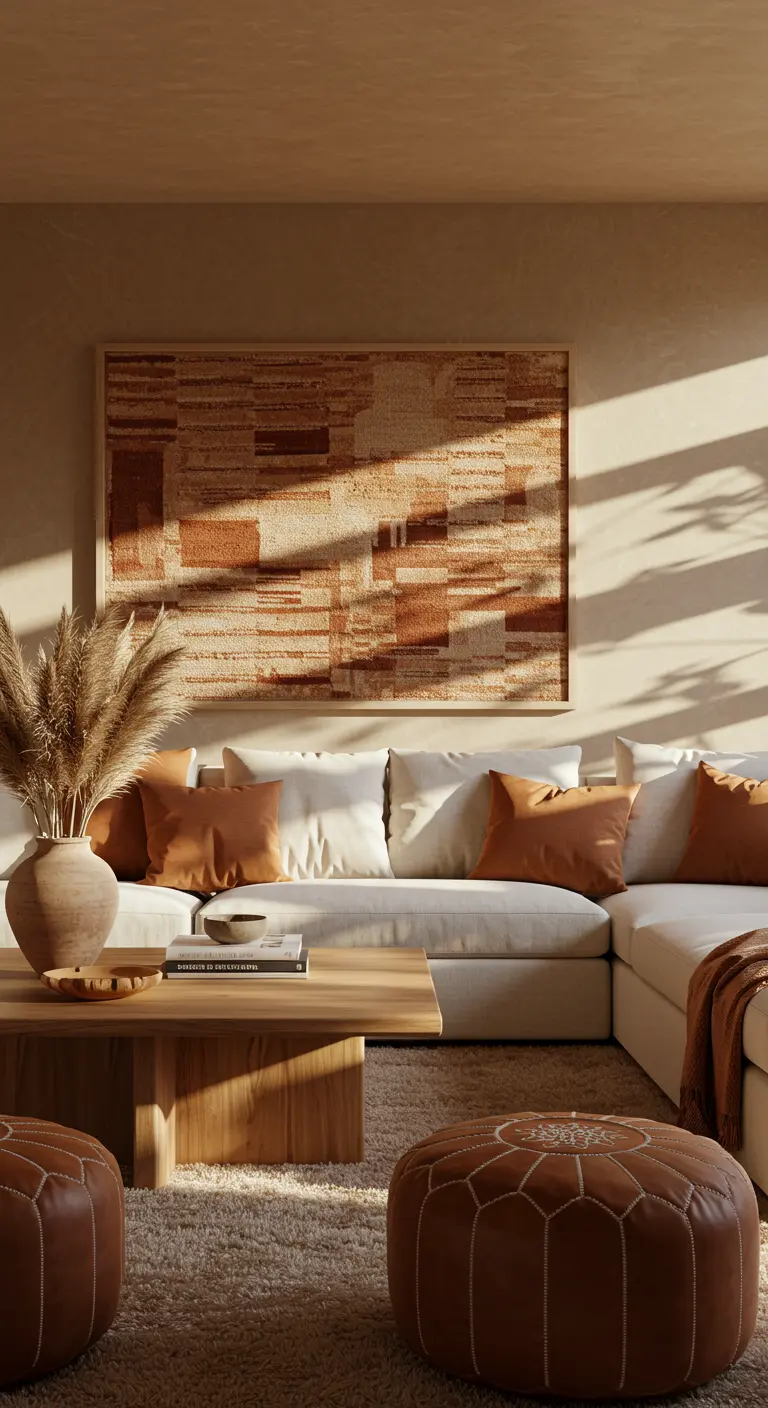 Warme woonkamer met beige bank, leren poefs en een groot geweven wandkleed in terracottatinten.