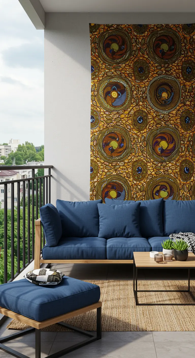 Balkon met een grote, kleurrijke Afrikaanse print als wandkunst boven een blauwe bank.