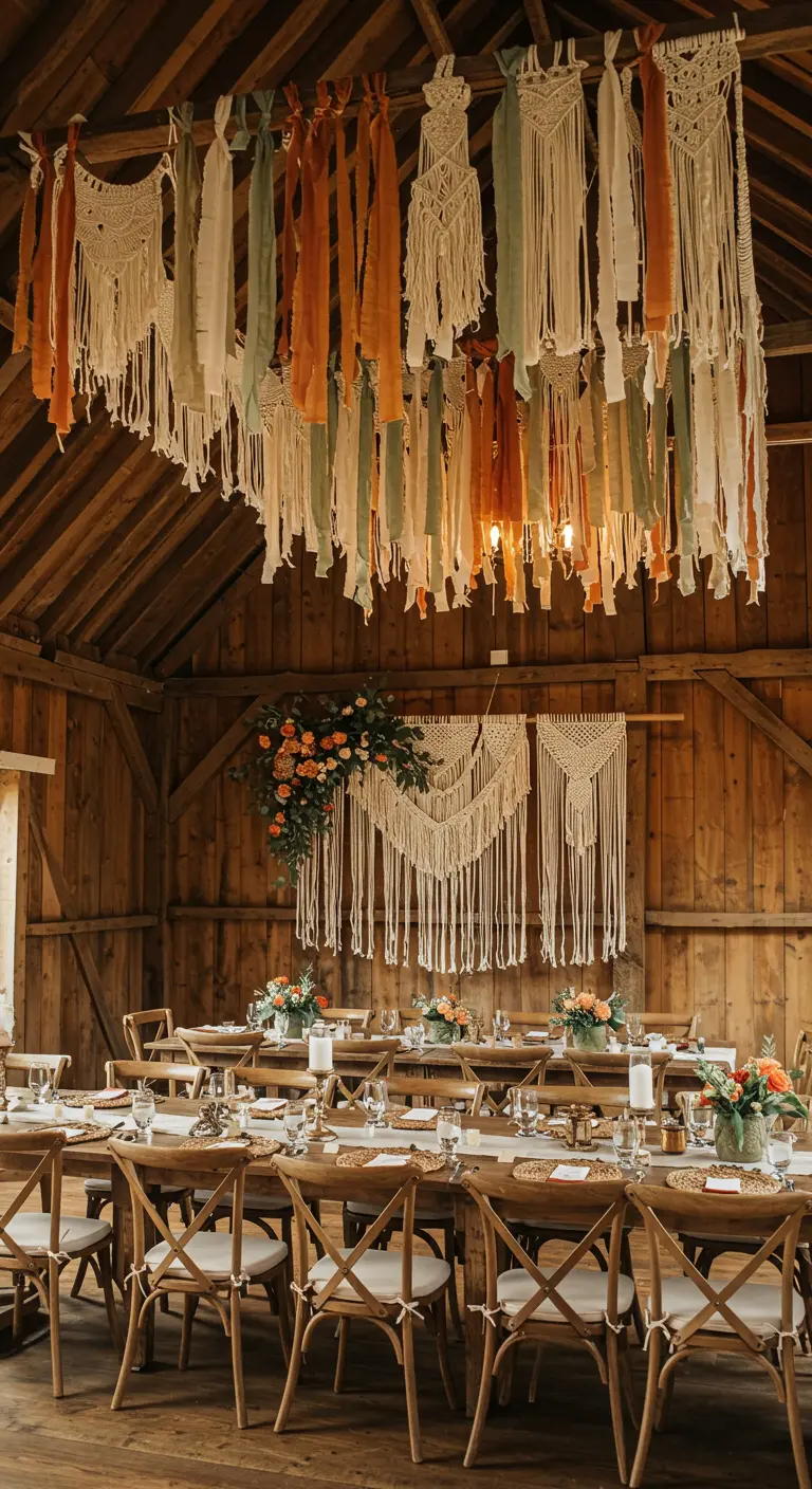 Grote installatie van macramé en stoffen linten hangt aan het plafond van een houten schuur.