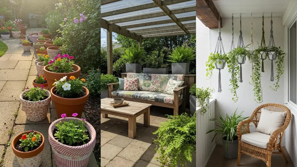 Buitenruimtes met sfeervolle styling: potplanten, een zithoek met kussens, en hangplanten in macrame houders voor textielhergebruik.