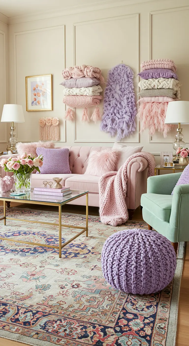 Woonkamer met geweven en gebreide wandkleden in pastelkleuren.