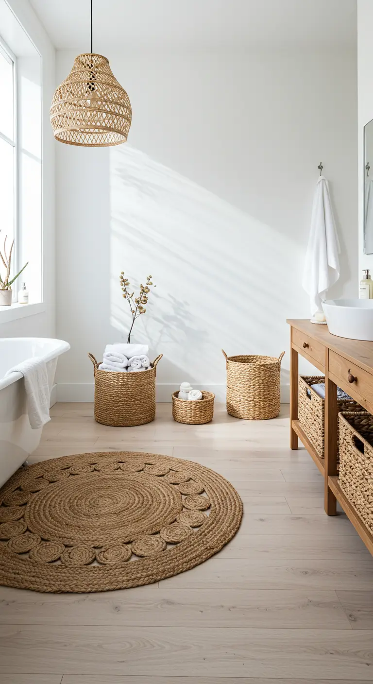 Lichte, witte badkamer met een groot rond jute vloerkleed en diverse rieten manden en lamp.
