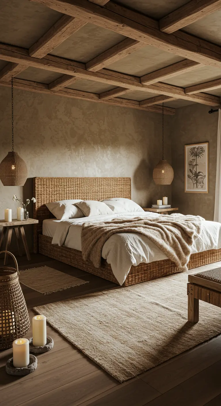 Naturel slaapkamer met een geweven bedframe, rotan lampen en een jute tapijt op een houten vloer.