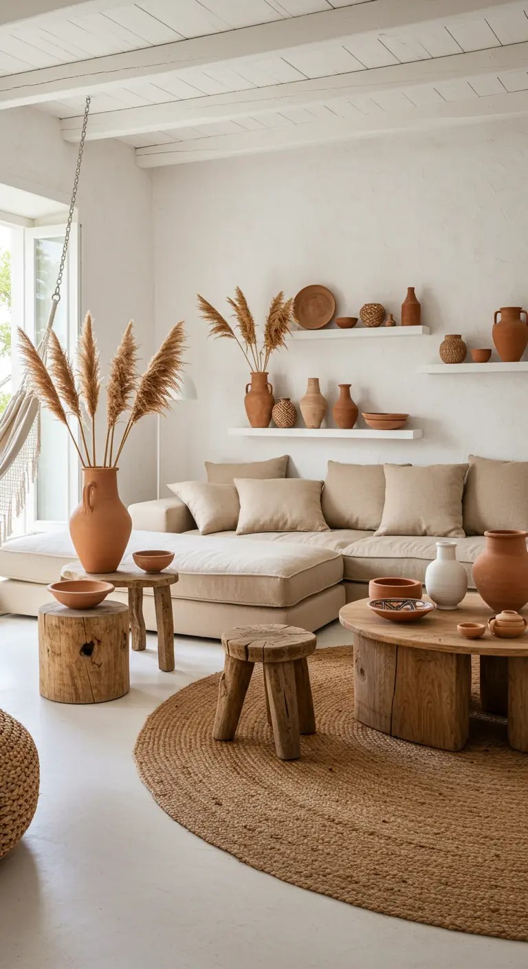 Lichte woonkamer met beige hoekbank, jute vloerkleed, houten krukjes en pampasgras in aardewerken vazen.