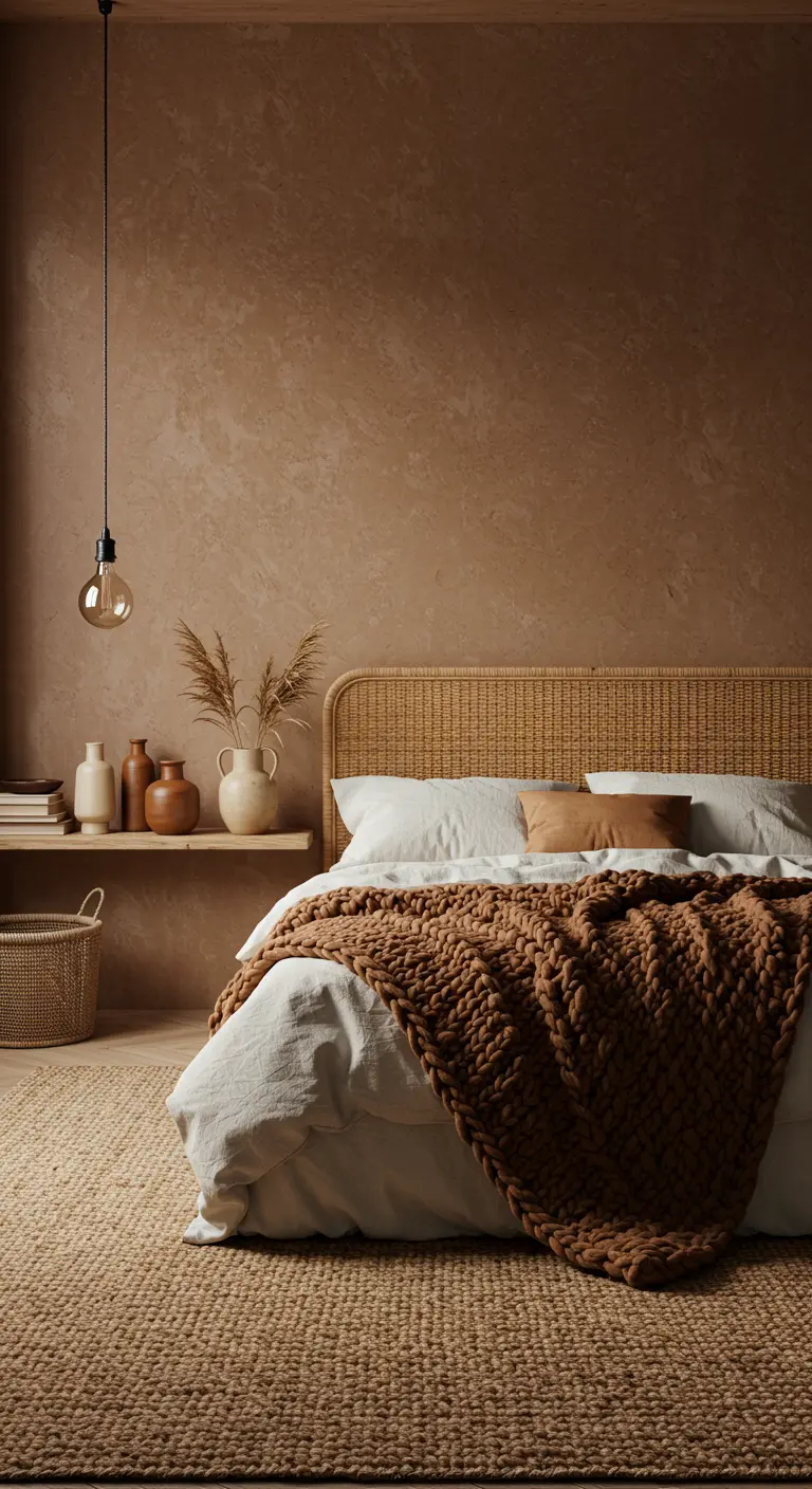Slaapkamer in aardetinten met kalkverf muur, rotan hoofdbord en jute kleed.