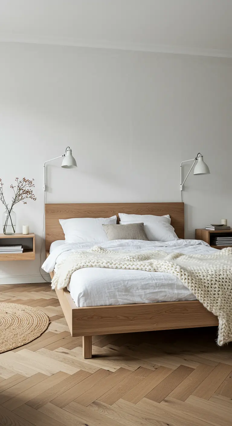 Witte slaapkamer met houten bed, gebreide deken, wandlampen en rond jutten vloerkleed.