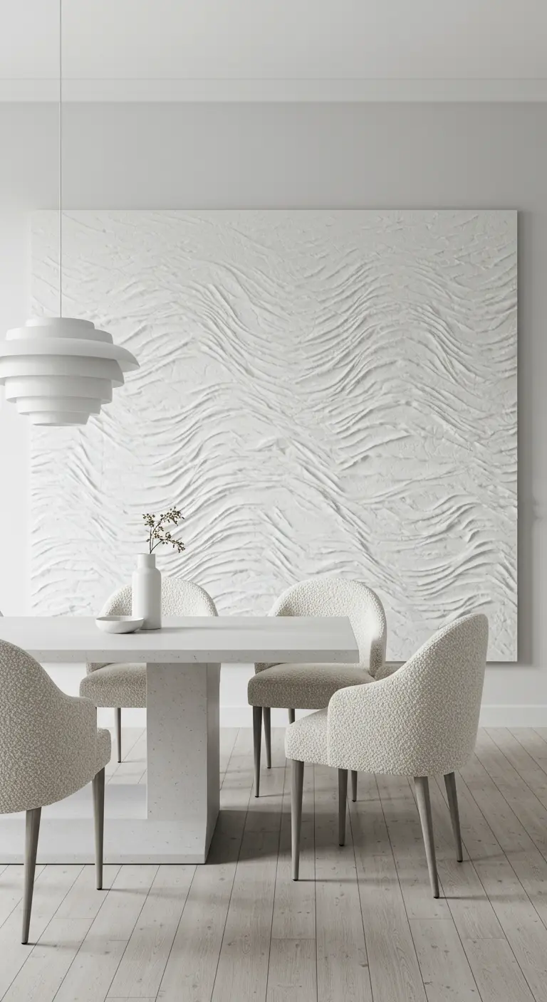 Witte, monochrome eetkamer met een groot, wit textuurkunstwerk aan de muur.