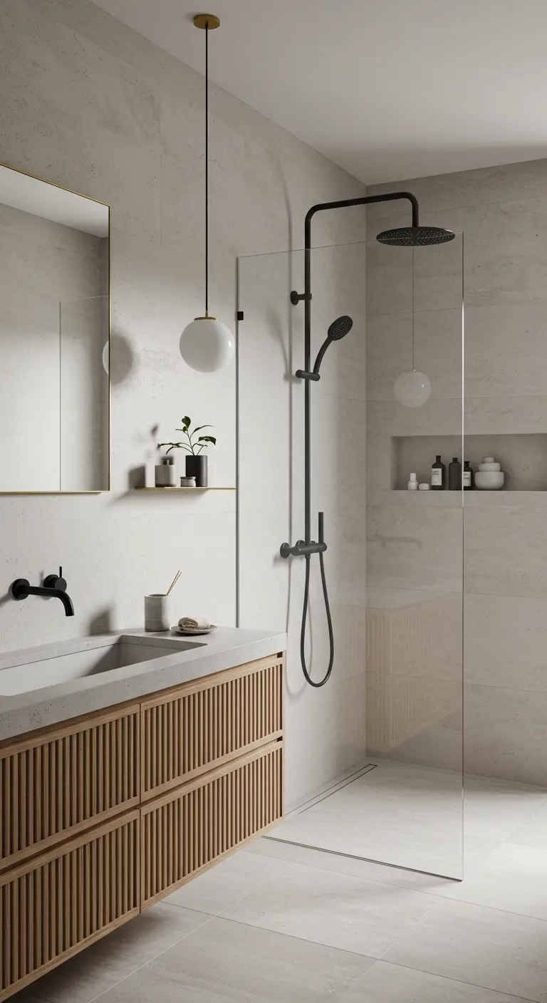 Lichte badkamer met een houten badmeubel met latjes, een matzwarte douche en kraan.