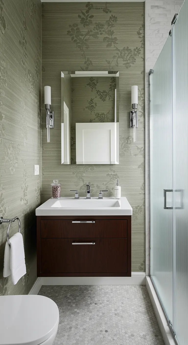 Compacte badkamer met grijsgroen getextureerd behang met een subtiel bloemenpatroon.