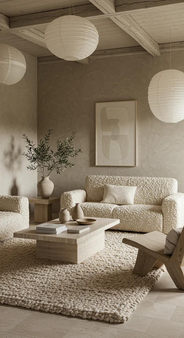 Neutrale woonkamer met bouclé bank, geweven kleed en rijstpapieren lampen.