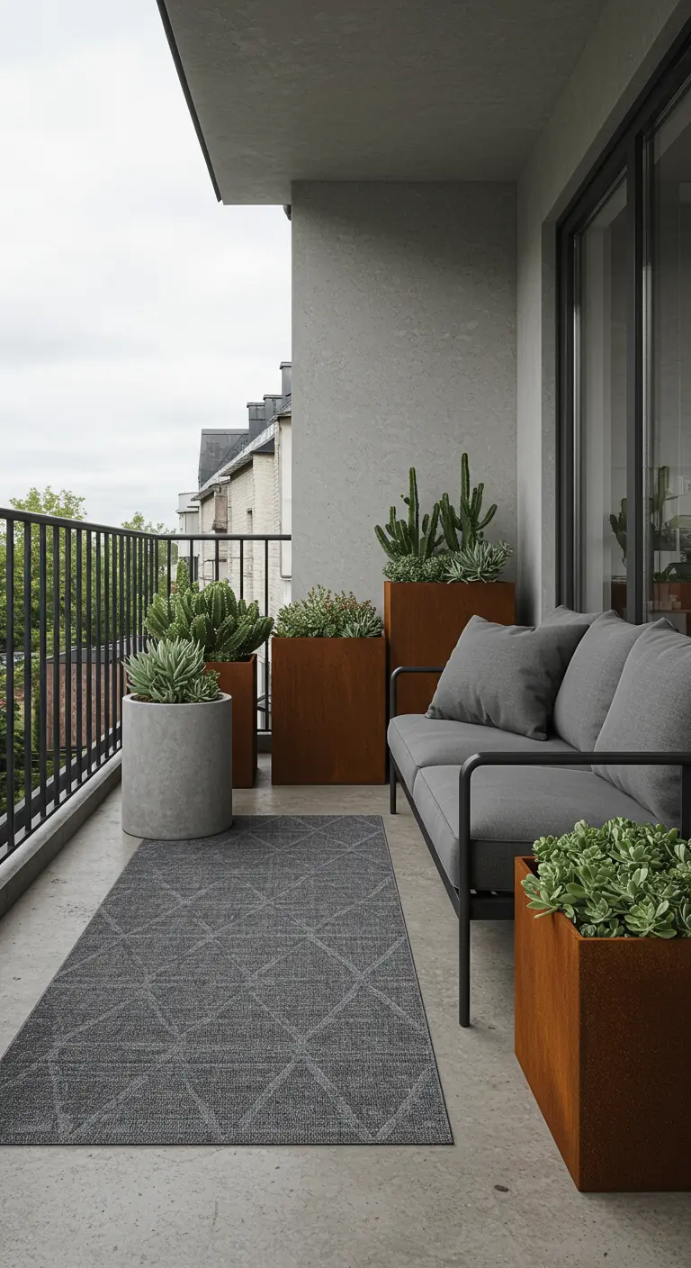 Balkon met een grijze bank, een buitenkleed en plantenbakken van cortenstaal.