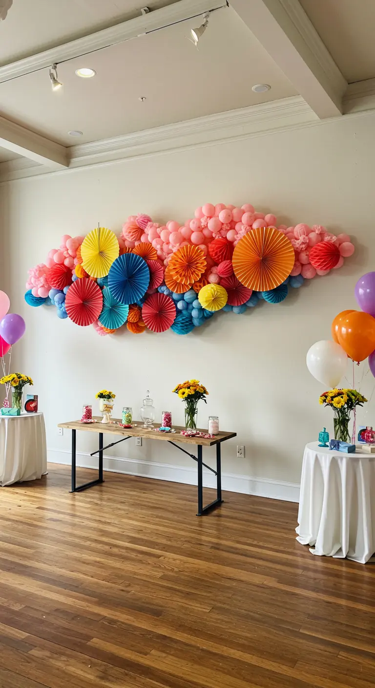 Wanddecoratie van roze ballonnen en gekleurde papieren waaiers boven een buffettafel.