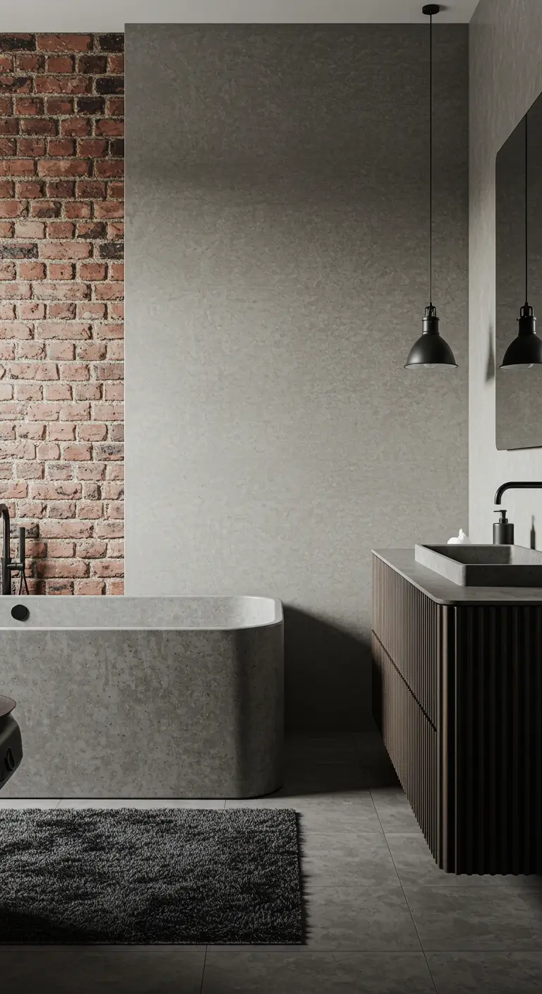Badkamer waar een bakstenen muur overgaat in een gladde, grijze betonlook muur.