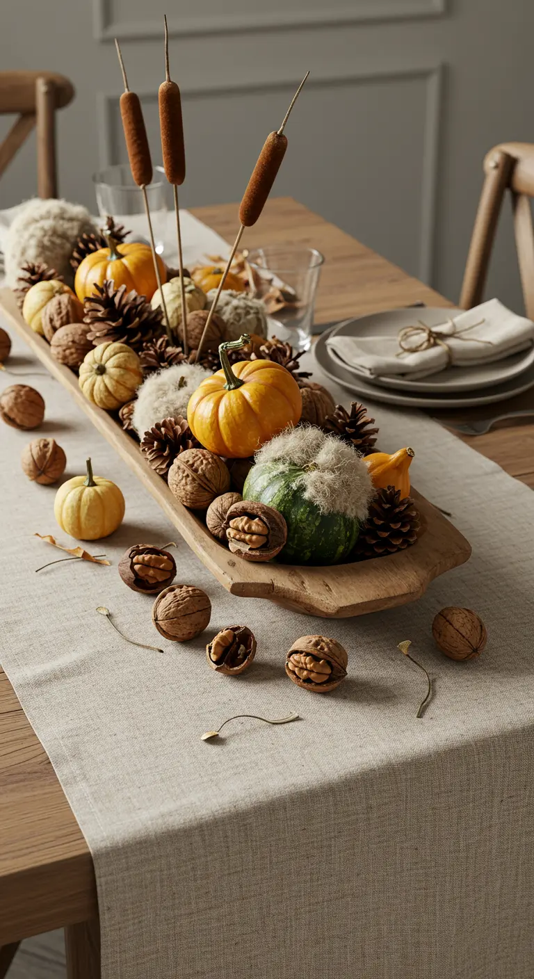 Houten trog gevuld met pompoenen, noten, dennenappels en pluizige decoratie.
