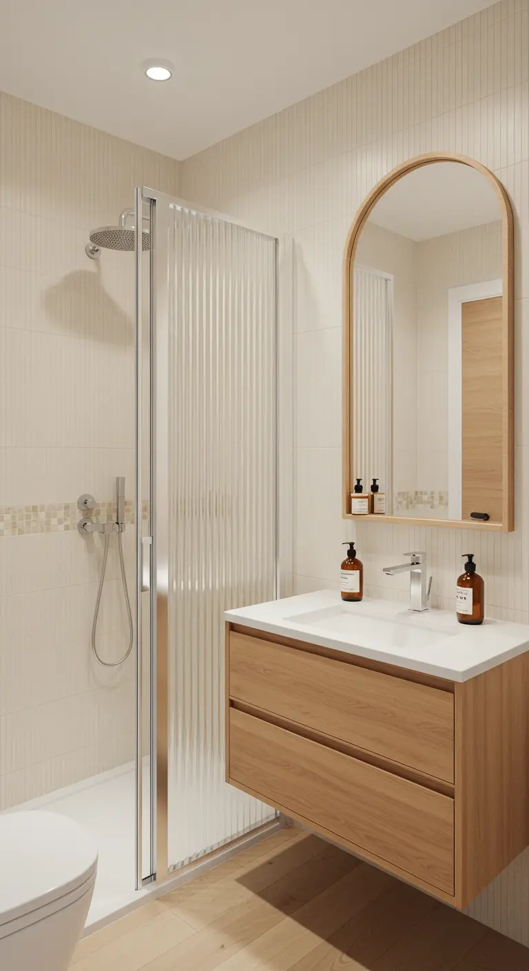 Lichte badkamer met geribbelde douchewand, houten meubel en een spiegel met ronde bovenkant.