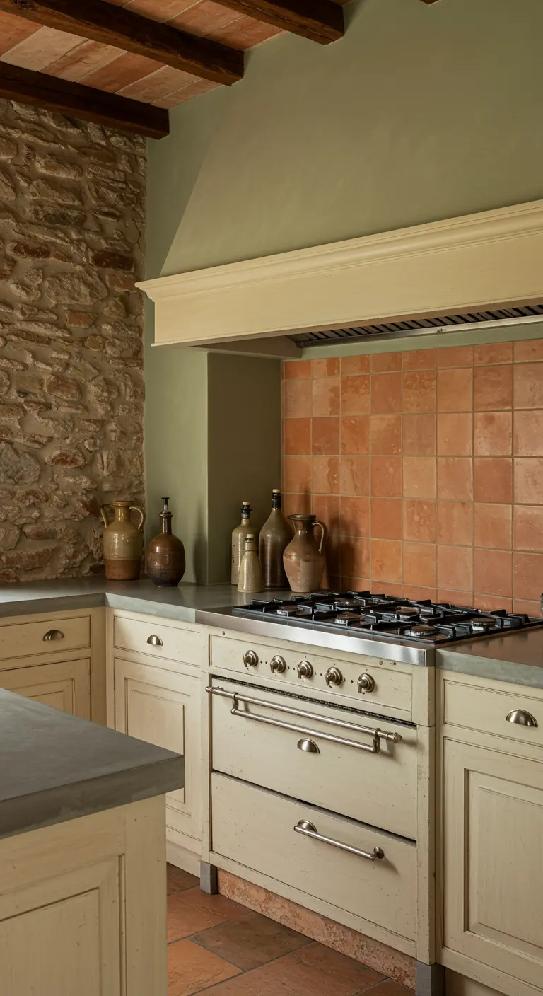 Rustieke keuken met stenen muur, terracotta tegels en saliegroene accenten.