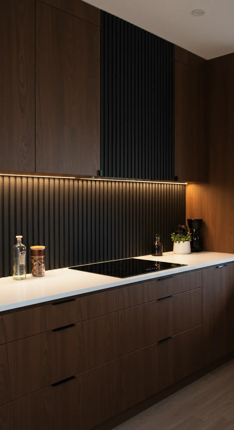 Donkerhouten keuken met een achterwand van zwarte verticale latjes en warme ledverlichting.