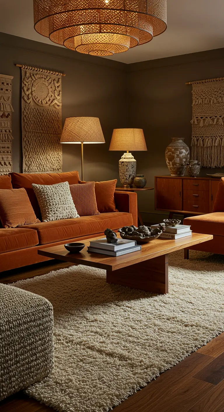 Woonkamer met oranje fluwelen bank, macramé wandkleden, hoogpolig vloerkleed en walnoot meubels.