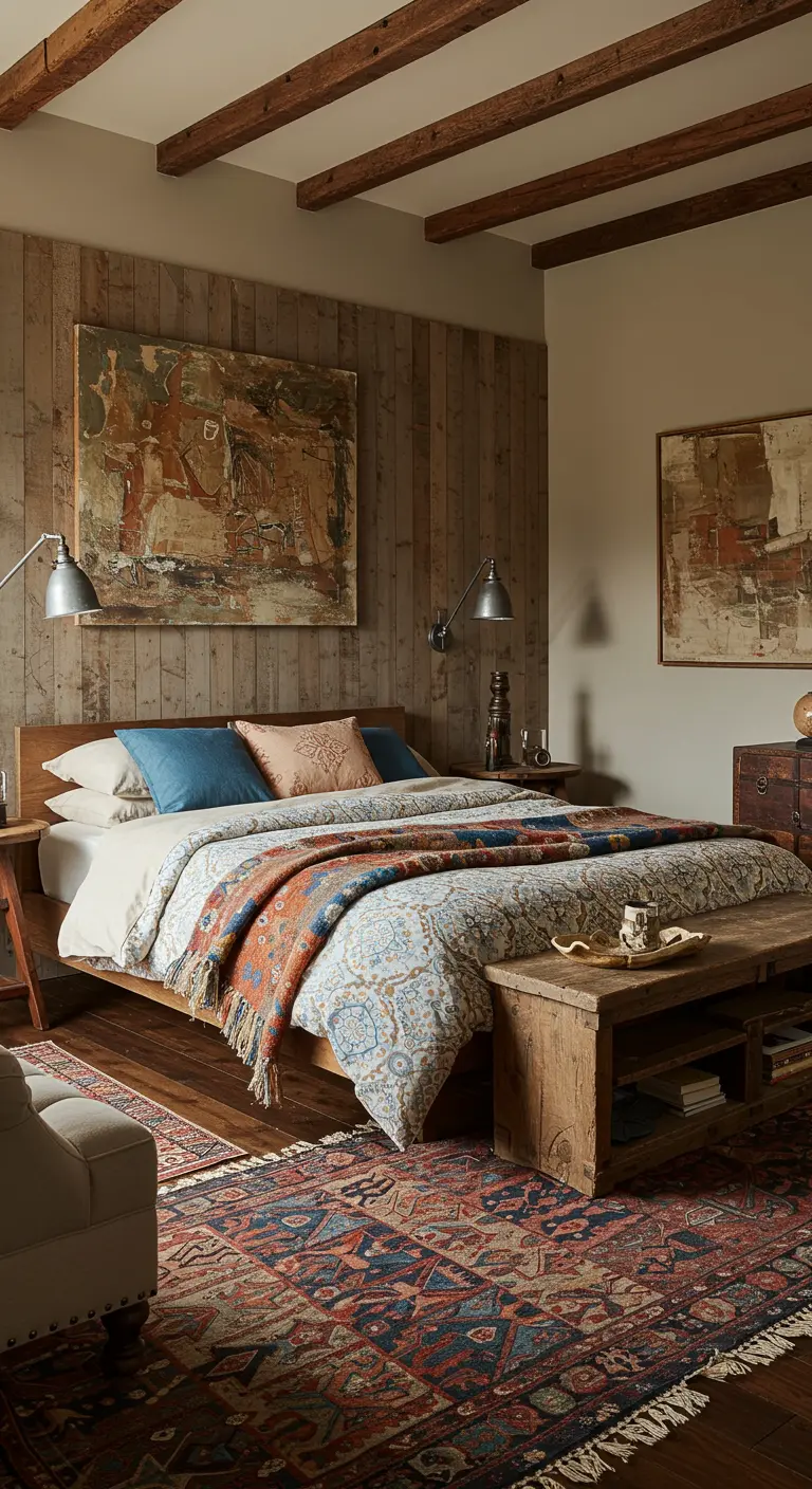 Rustieke slaapkamer met houten wanden en balken, een houten bed, een oosters vloerkleed, en gelaagd beddengoed.