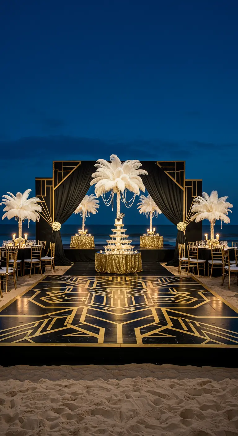 Chique Art Deco-thema bruiloft op het strand met een zwart-gouden dansvloer en veren palmen.