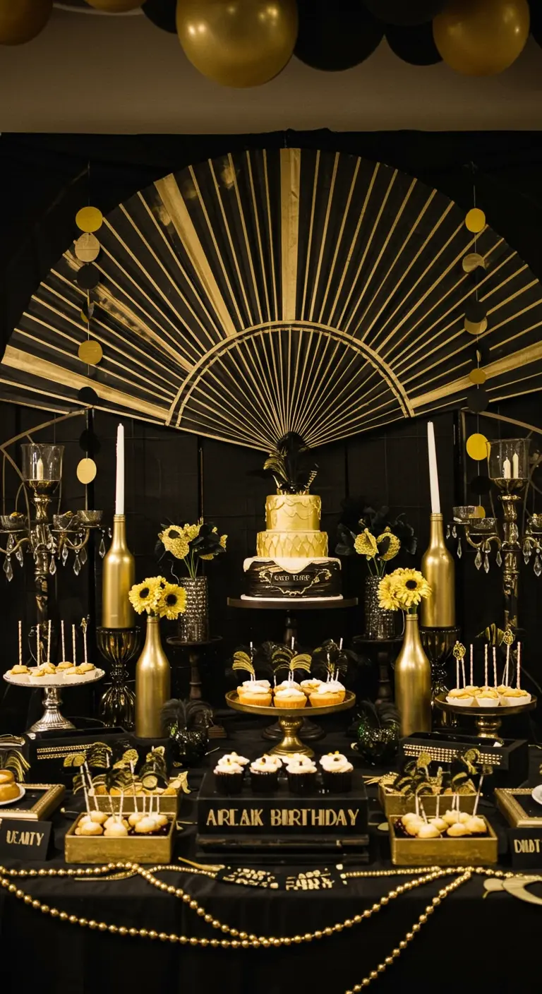 Zwart-gouden taarttafel in Art Deco-stijl met waaier achtergrond.